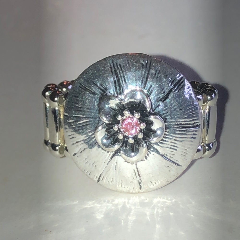 Silver Tone Floral Ring with Pink CZ Accent